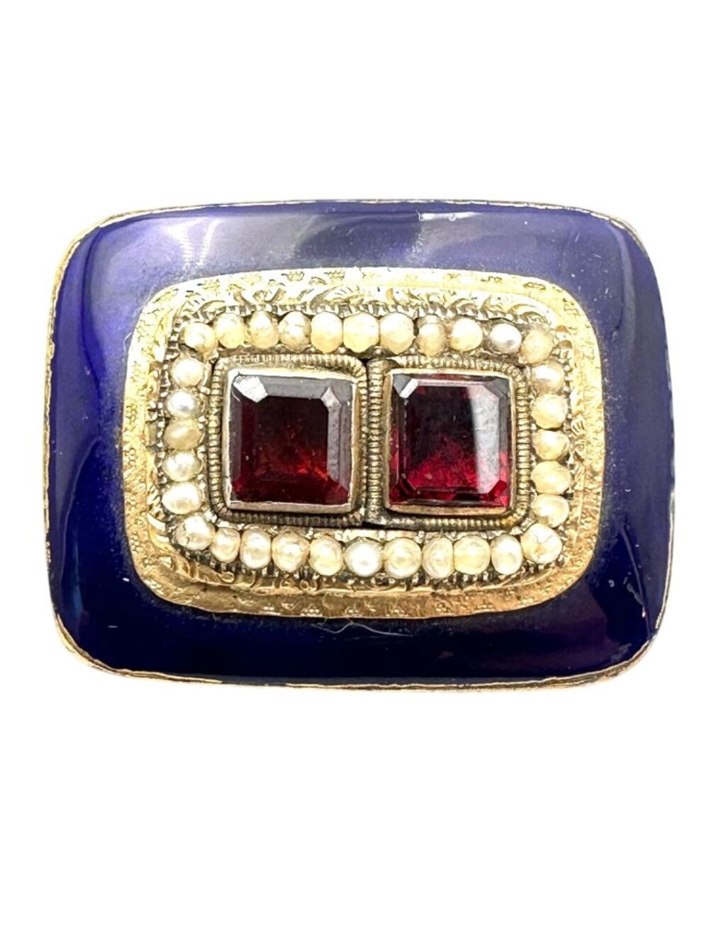 Antique Georgian 14K Gold Cobalt Blue Enamel Garnet Brooch Pin Circa 1830